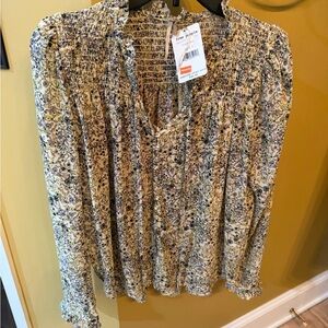 Free People Cream Floral Smocked Peasant Blouse with Yellow & Black Accents